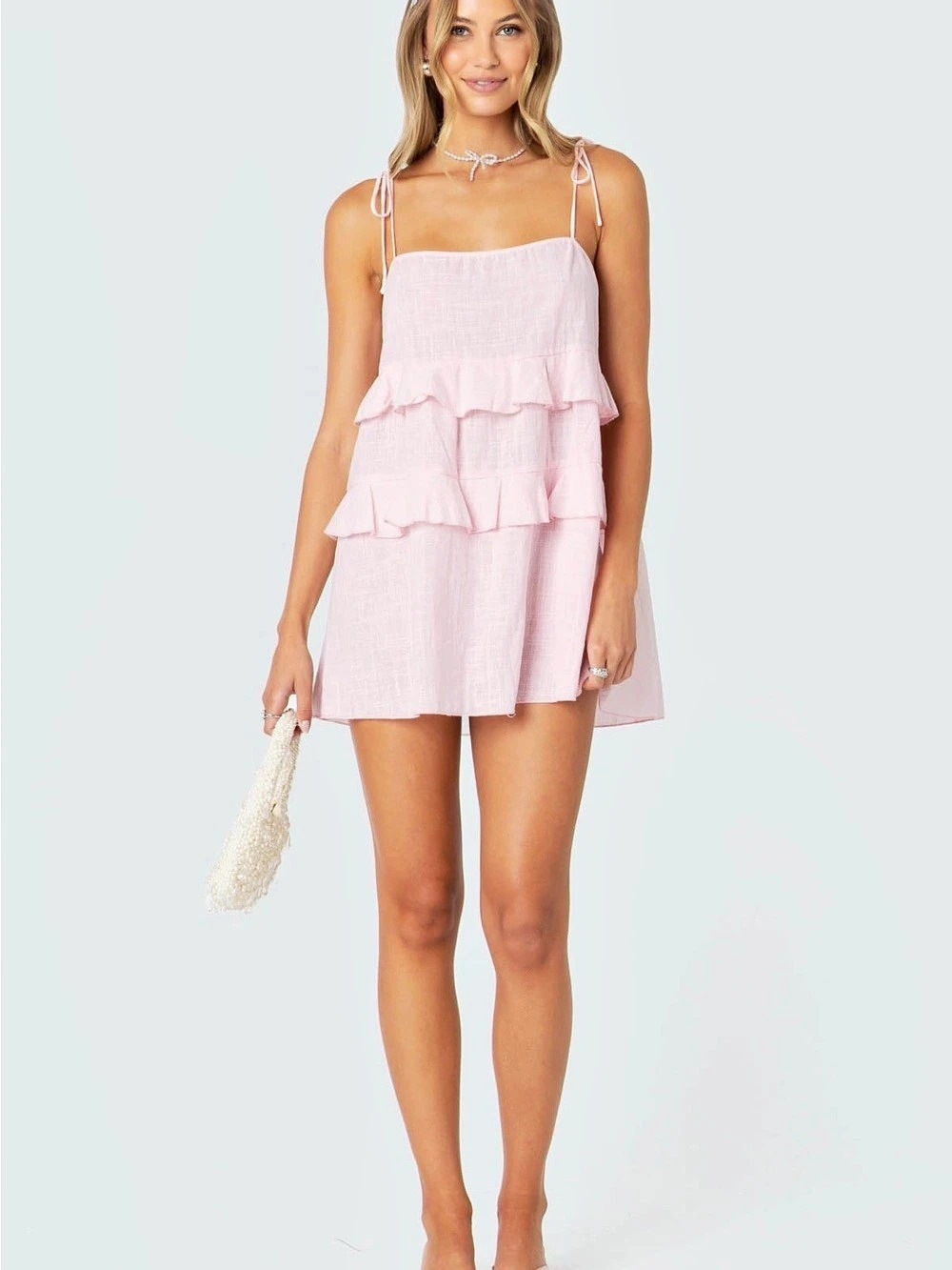 Edikted Dorothia Sheer Linen Look Ruffled Mini Dress Pink Coquette Medium NWT